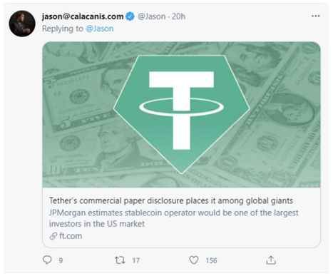 Bitcoin and Reserve Currencies: Twitter Post from @Jason on Tether Version 2