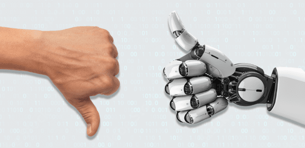 Is all this AI Investment Headed for a Ho-Hum Ending? : Image of human thumb down and AI thumb up 