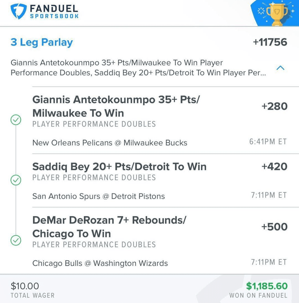 Sports Betting Parlays Are Hit With Fans and House: Fan Duel Sports Book Screenshot - Sample 3 Leg Parlay
